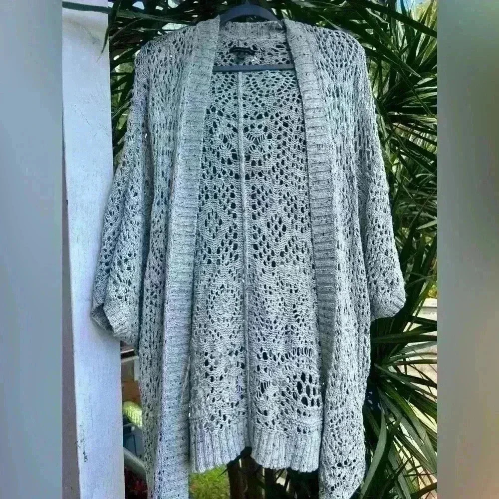 American Eagle Outfitters Knit Cardigan Crochet Open Blue Gray Grandma Sweater
